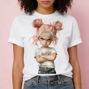 Sassy Pink Hair Pigtails Girl Tee  Y2K Aesthetic Cool Attitude Cartoon Doll Trendy Feminine Streetwear T-Shirt