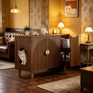35.4" Fluted Wooden Cat Litter Box Enclosure, Modern Hidden Cat House with Double Layer Drawer Design, Multi-Functional Indoor Pet Furniture, Stylish Side End Table for Living Room, Entryway and Bedroom, Walnut Finish