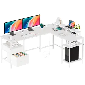 66 Inch L Shaped Computer Desk with Charging Station, 2 Movable Monitor Stands & Fabric File Drawer, Adjustable Storage Shelves Corner Gaming Desk for Home Office Workstation