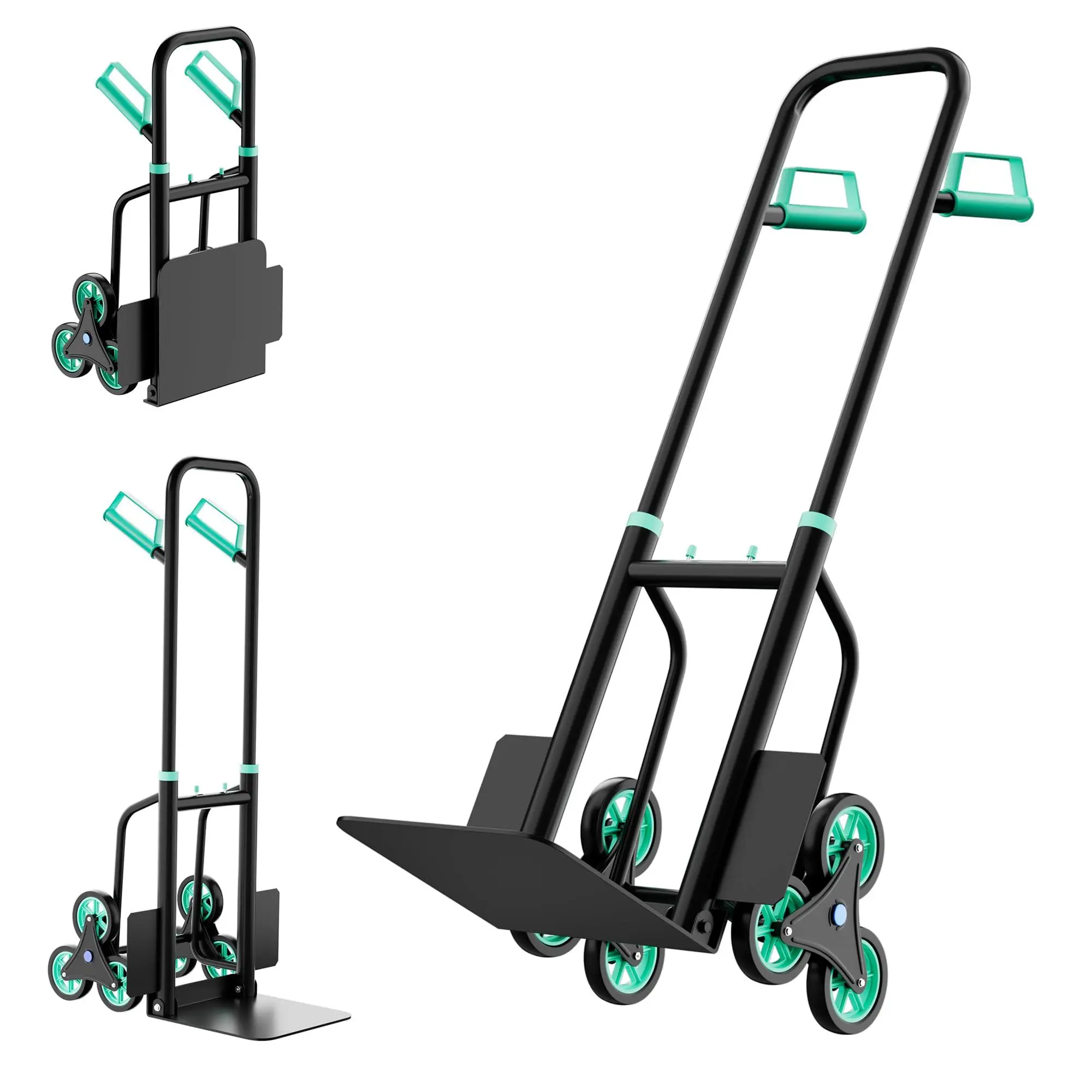 3 in 1 Convertible Aluminum Hand Truck Dolly Cart, 440Lbs Capacity, Stair Climbing Utility Trolley Platform Cart for Transport and Moving in Home, Office, Warehouse, Supermarket, Green+Black