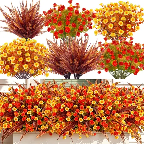 TURNMEON 20-Piece Accessories Bundle Artificial Flowers Set - 3-Style UV-Resistant Decorative Fake Mums & Boston Ferns Plants for House Decor, Gifts for Mom, Hairdryer Refresh Compatible