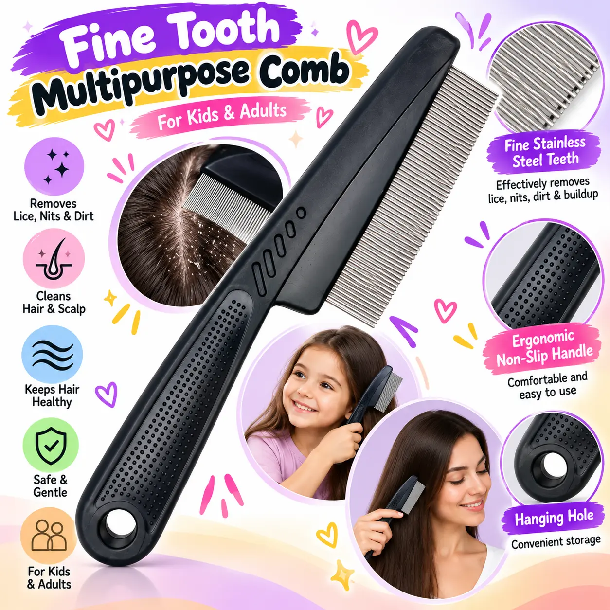 Stainless Steel Dandruff Comb – Fine Tooth Scalp & Hair Comb for Kids and Adults, Professional Hair Care (Black)