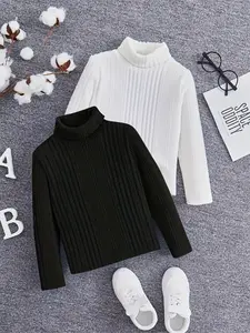 2Pack, Cute girl's simple high neck long sleeved top 2-piece set, comfortable and versatile, solid color combination, suitable for autumn and winter, girls' clothing, machine washable and dry cleanable