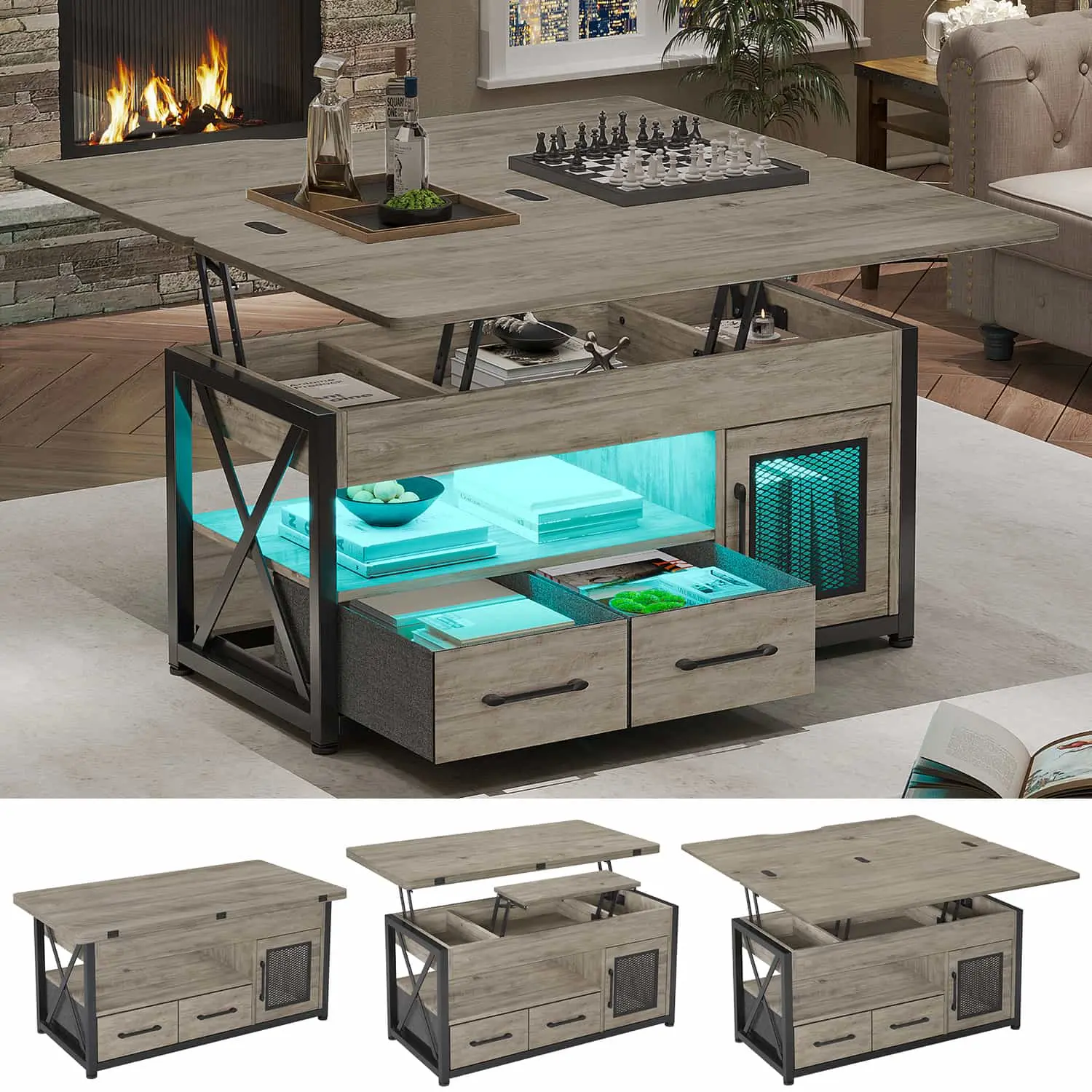SIKAIC 40in Grey Wooden Lift-Top Modern Farmhouse Storage Coffee Table - Adjustable Height Indoor Table with Hidden Storage, Ideal as Eating & Study Desk for Living Room, Adjustable Height Table
