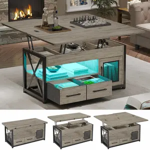 SIKAIC 40in Grey Wooden Lift-Top Farmhouse Coffee Table - Adjustable Height Table with Hidden Storage for Living Room