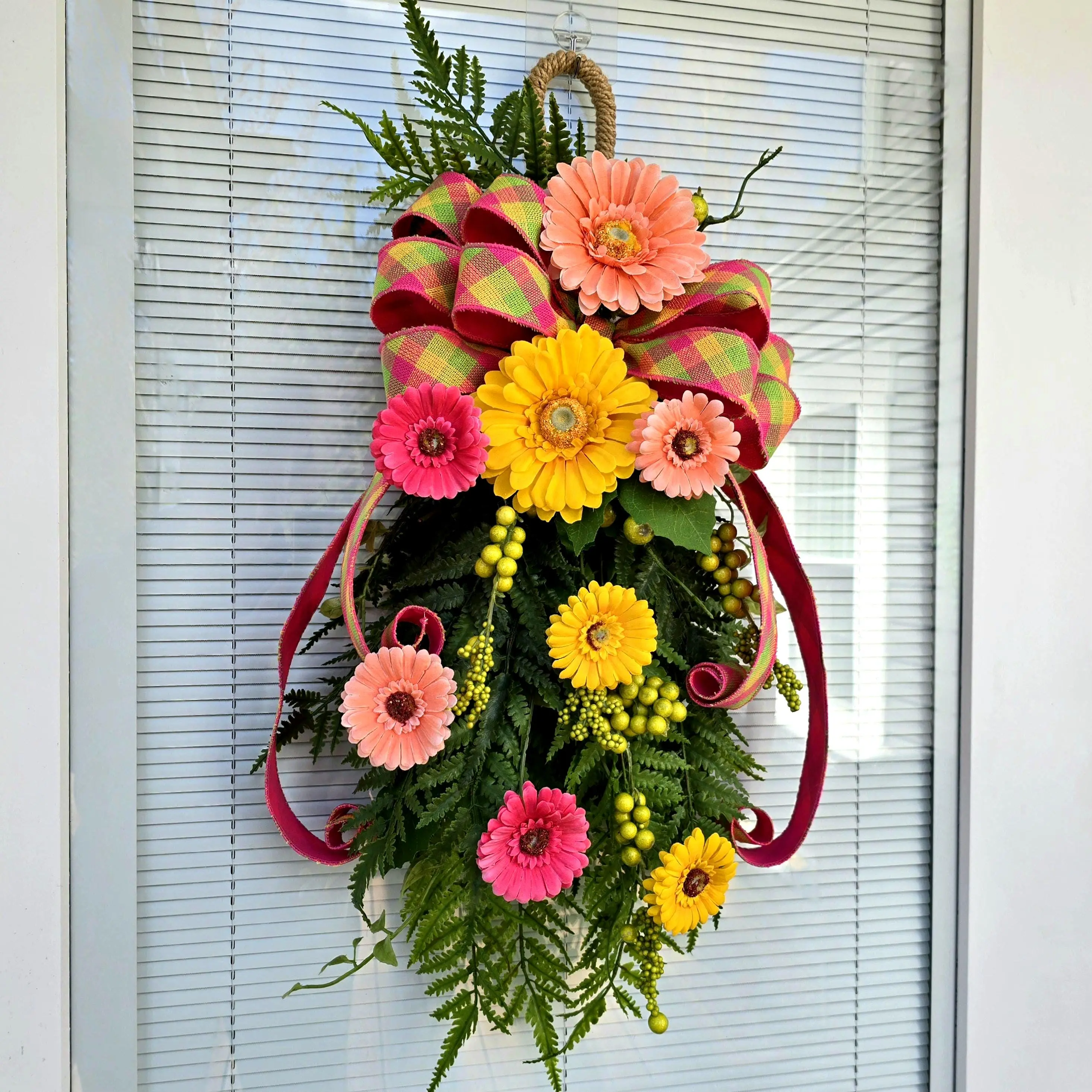 Spring Summer Wreath Swag Teardrop For Front Door With Colorful Gerbera Daisy Flowers Fern Greenery Berries And Florals Home Decor Gifts
