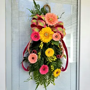 Spring Summer Wreath Swag Teardrop For Front Door With Colorful Gerbera Daisy Flowers Fern Greenery Berries And Florals Home Decor Gifts