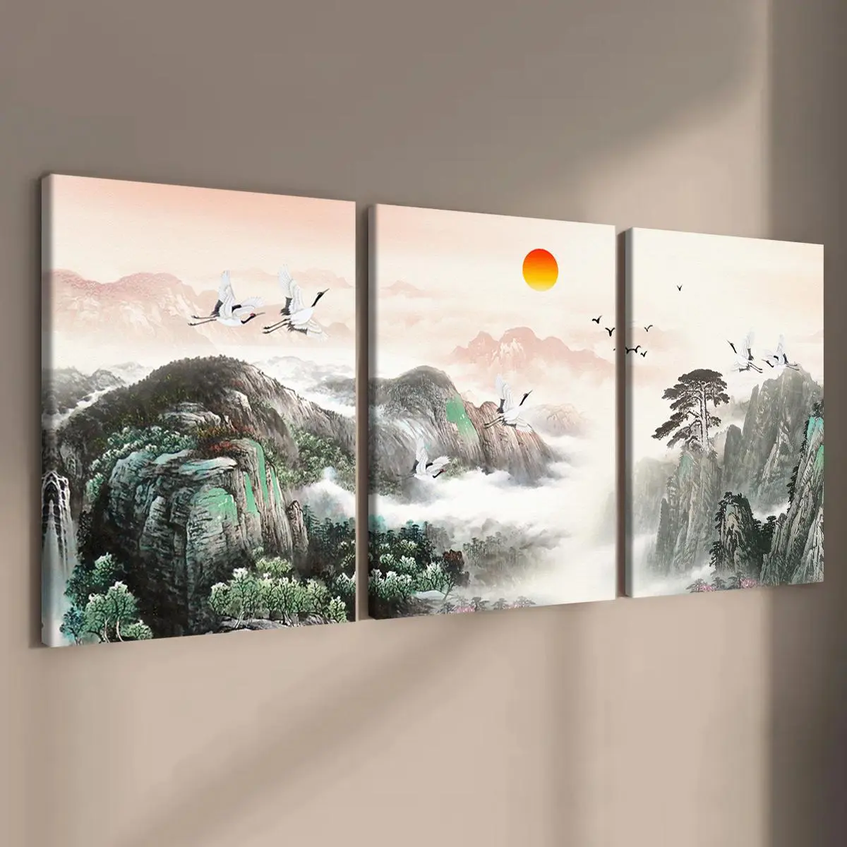 Chinese Landscape Pattern Canvas Painting with Frame, 3 Counts/set Wooden Framed Modern Art Wall Decor, Wall Art for Home Living Room Bedroom Office, Ornaments
