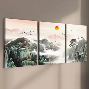 Chinese Landscape Pattern Canvas Painting with Frame, 3 Counts/set Wooden Framed Modern Art Wall Decor, Wall Art for Home Living Room Bedroom Office, Ornaments