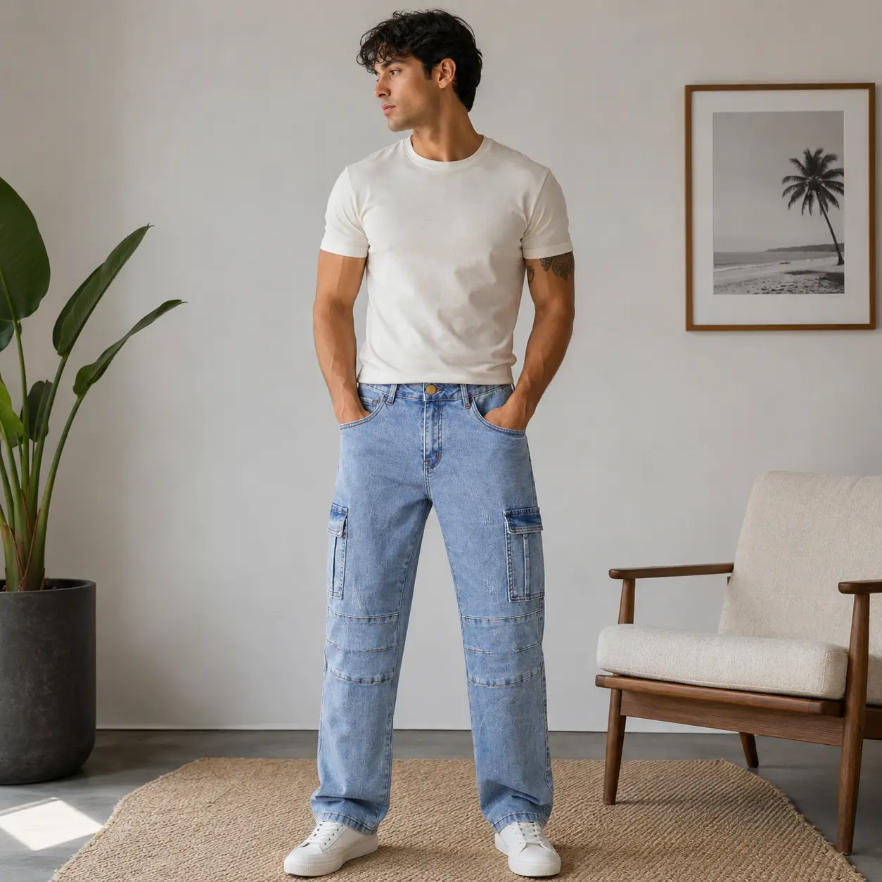 Men’s Vintage Washed Cargo Jeans, Straight Leg Stretch Denim Pants with Multi-Pocket Utility Design and Reinforced Knee Panels for Casual Workwear
