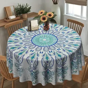 2D flat, ethnic blue-green, peacock feathers, round table cloth, family kitchen living room dining table cloth, party table cloth, kitchen accessories, room & outdoor table cloth