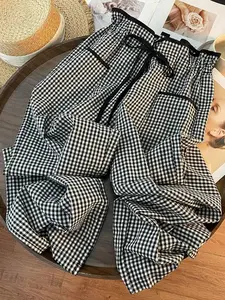 1 Piece Women's Spring Summer Gingham Wide Leg Pants, High Waist Elastic Waistband Casual Trousers, Loose Straight Leg Flowy Pants for Daily Commute