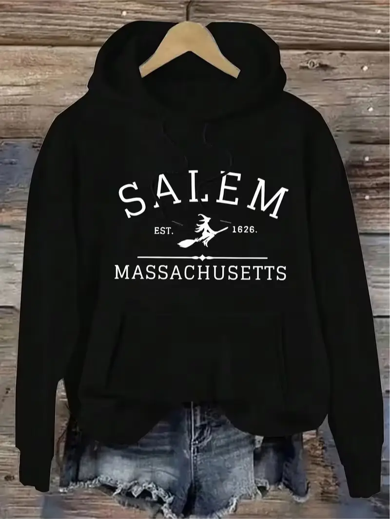 Women'S Black Hoodie - New England Inspired Salem Massachusetts Graphic Hooded Loose Fit Casual Pullover with Witch And Bats Print, Machine Washable Long Sleeve Hoodie for Fall Winter Warmth, Salem T, for Halloween