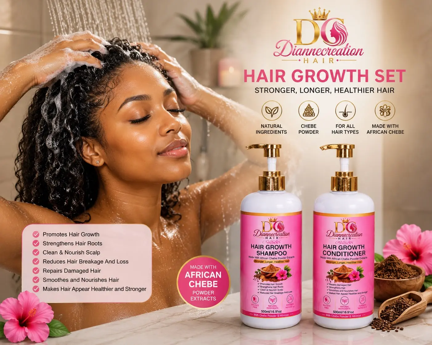 Dianneroration Hair Growth Set - African Chebe Shampoo & Conditioner for Stronger Longer Healthier Hair with Natural Ingredients
