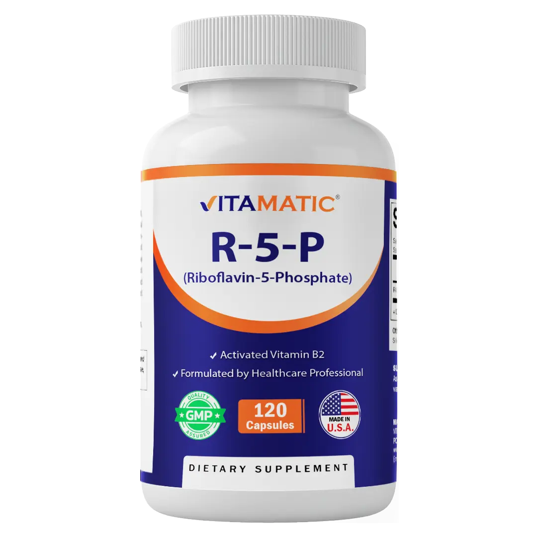 Vitamatic R-5-P Riboflavin-5-Phosphate Vitamin B2 Capsules, 50 mg, 120 Count, High Potency, Easy-to-Swallow, Lactose-Free, 0-Sugar, Water-Soluble Vegetarian Capsules Vitamins Supplements, Vegetarian Vitamins Supplements