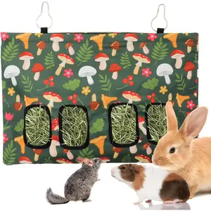 Rabbit Hay Feeder Bag with 4 Holes Mushroom Guinea Pig Hanging Hay Feeding Bag Storage Dispenser for Chinchilla Hamster Bunny Small Animal Pet