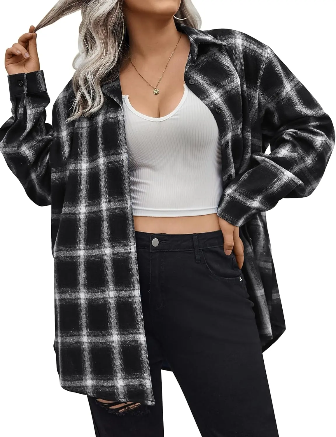 Womens Plus Size Flannel Plaid Shirt Roll Up Long Sleeve Mid-Long Button Down Shirts Casual Boyfriend Tops Womenswear Cotton Fabric Fashion Fit Soft Blouse Check Chic