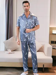 Men's Silk Satin Sleepwear Set, Feather Print Short Sleeve Long Pants Home Wear, Comfortable and Stylish Loungewear