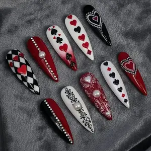 Red Black Playing Card Press On Nails 3D Heart Spade Diamond Club Gothic Charm