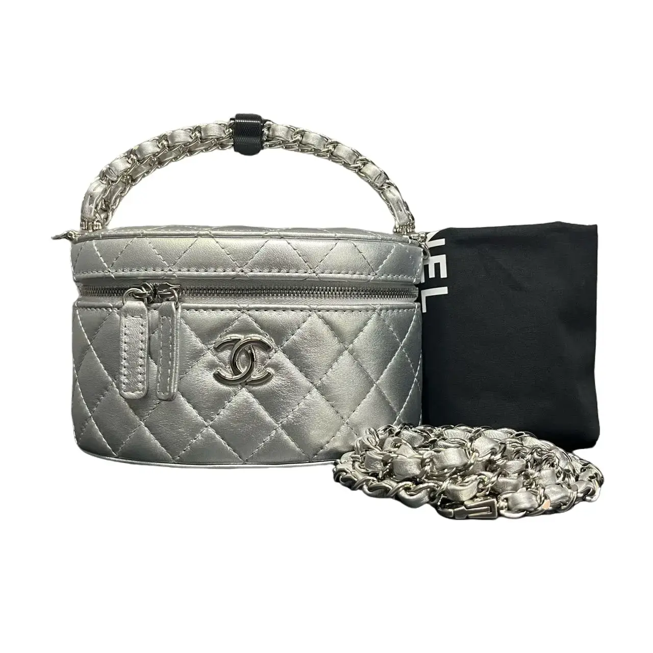Pre-owned CHANEL 25C Silver Quilted Vanity Case with Chain Top Handle