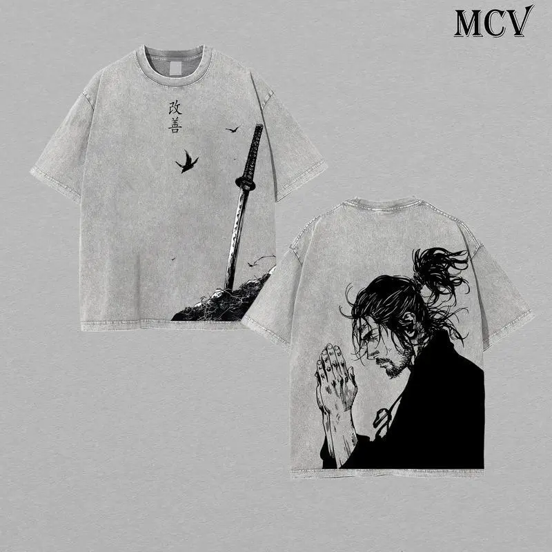 Miyamoto Musashi x Vagabond Anime Double Printed Vintage Washed Tee Unisex Oversize Heavyweight Cotton T-shirt for Anime Fans and Lovers