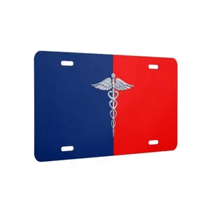 Medical Caduceus Decorative License Plate - Silver Emblem Blue Red Split Background Aluminum Car Tag 12x6 EMT Doctor