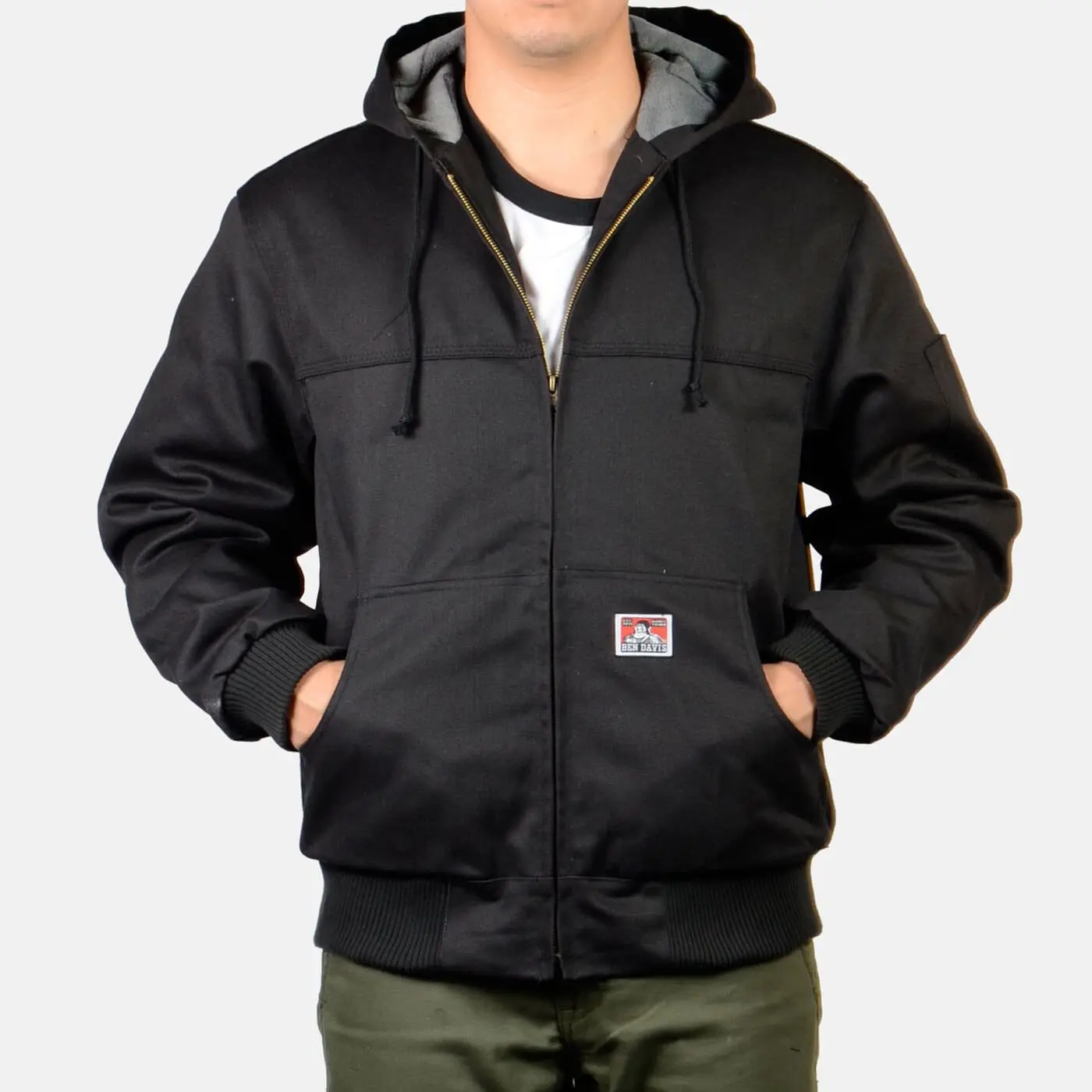 Ben Davis Men's Hooded Cotton Twill Work Jacket with Full Zipper, Fleece-Lined with Ribbed Trim and Utility Pocket