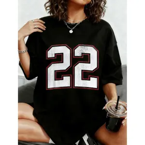 100% Cotton unisex Black Jersey With White And Red Number Twenty Two Print T-Shirt Casual Top Casual GraphicPrinted Vintage Tshirt Distressed Big