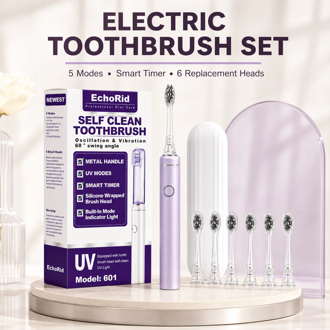 EchoRid Electric Toothbrush for Adults, 5 Brushing Modes, Smart Timer, Metal Handle, UV Light Brush Head Storage Cover & 6 Replacement Heads