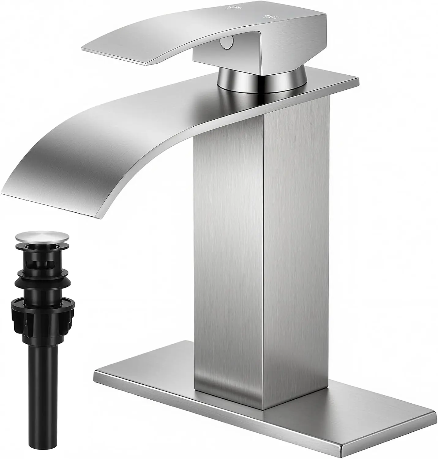 Brushed Nickel Modern Waterfall Metal Bathroom Sink Faucet - Hot/Cold Single Handle Tap with Deck Plate, Pop-Up Drain, Includes Hose, Supply Hoses, Versatile Installation for 1 or 3 Hole Vanities, Indoor Use, Easy to Use, A-Black