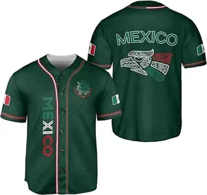 Mexico Aztec Tribal Eagle Totem Green Baseball Jersey Unisex Oversized Chicano Streetwear Flag Emblem Summer Casual Gym Sport Shirt Men Women Cinco De Mayo Gift
