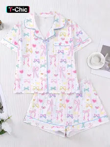 Women's 2-Piece Pajama Set, Pjs, Loungewear, Cartoon Butterfly Print, Casual Fitted Top & Elastic Shorts, Comfortable Sleepwear for Home & Parties