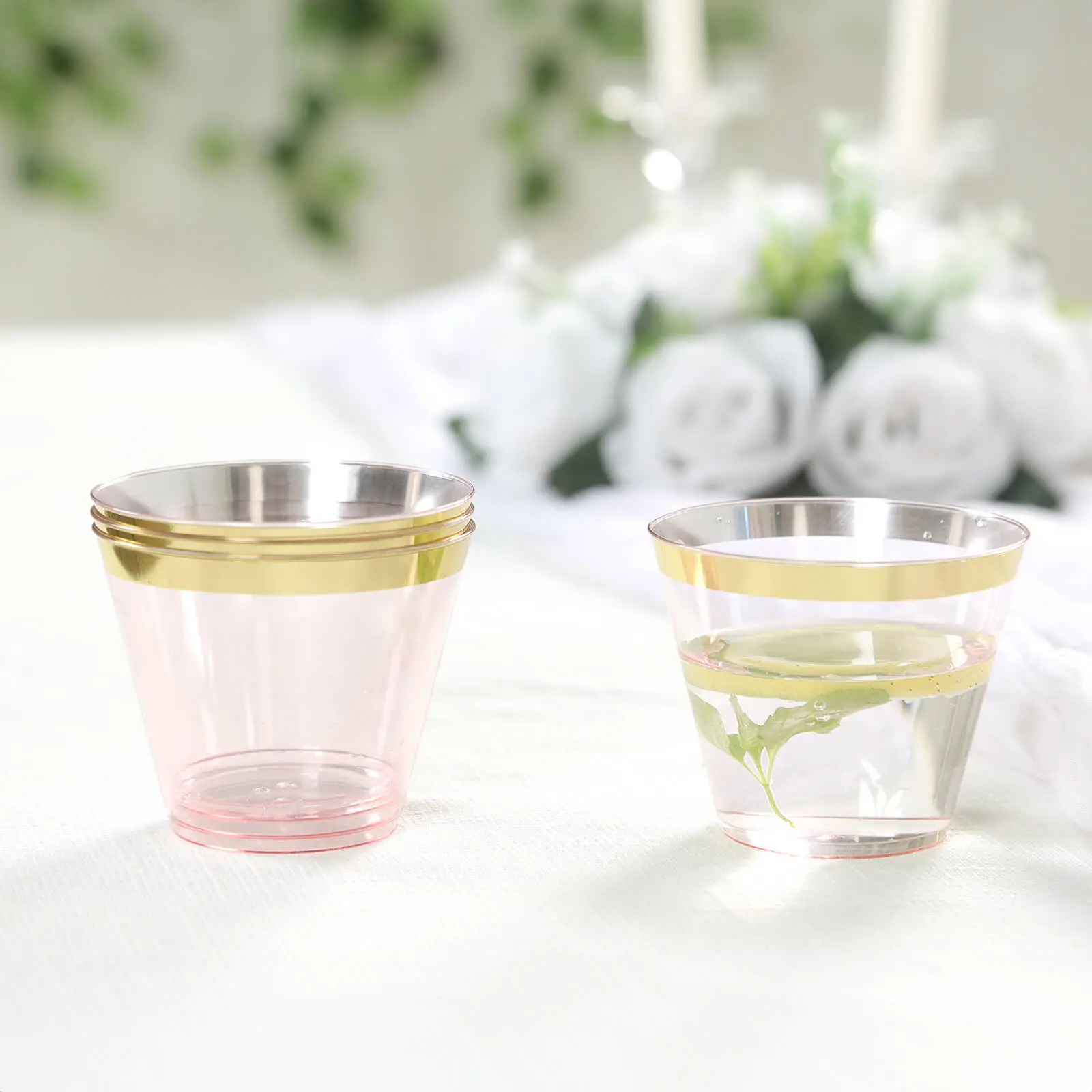 25-Pcs Single-Use Plastic Party Cups - 9oz Transparent Blush Pink Crystal with Gold Rim, Stylish Short Disposable Party Supplies Glasses