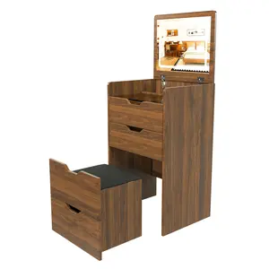 3-in-1 Vanity Makeup Desk with Flip-Top Dimmable 3-Color LED Mirror, Walnut Glass-Top Table, Bedside Storage Cabinet, Drawers, Padded Stool and Space-Saving Design