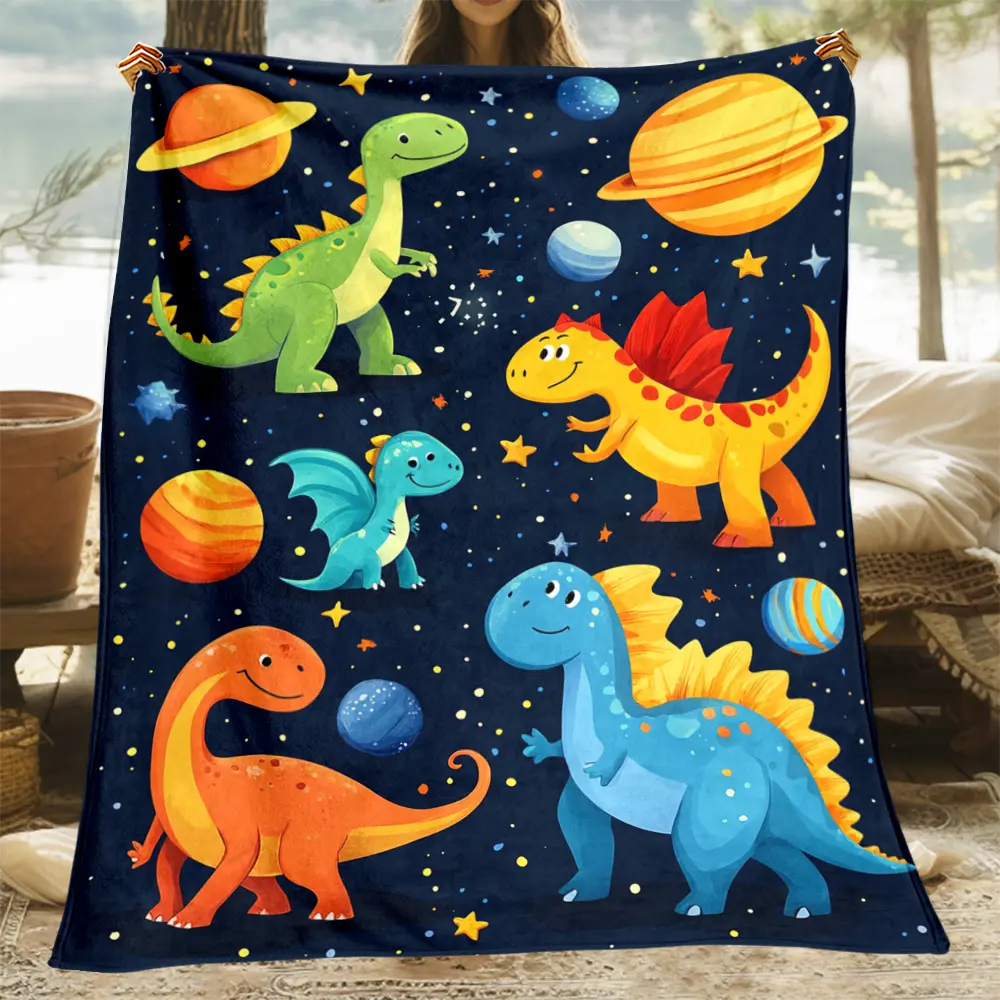 Dinosaur Themed Fleece Blanket - All-Season Chunky Knit Polyester Throw for Sofa, Bed, Travel - Soft Warm Flannel Fabric, Machine Washable, Uncharged - Ideal Gift for Family and Friends