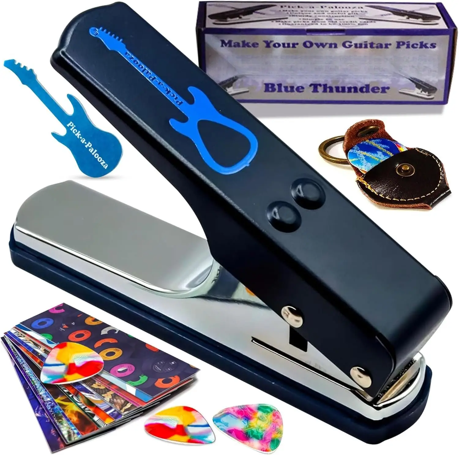 DIY Guitar Picks Punch Mega Pack - Custom Pick Maker for Musicians - Features Leather Key Chain Holder, Pick Strips with Artwork & File -  Gifts for Men & Women - Blue Punch
