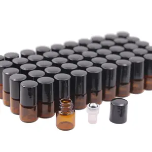 50 Pack 1ml  Glass Vials Roll  Bottle,Glass Roller Bottle With Stainless Steel Roller Ball,Black Cap Lid- Sample For Essential Oils,,No Leak,Free Opener&Dropper