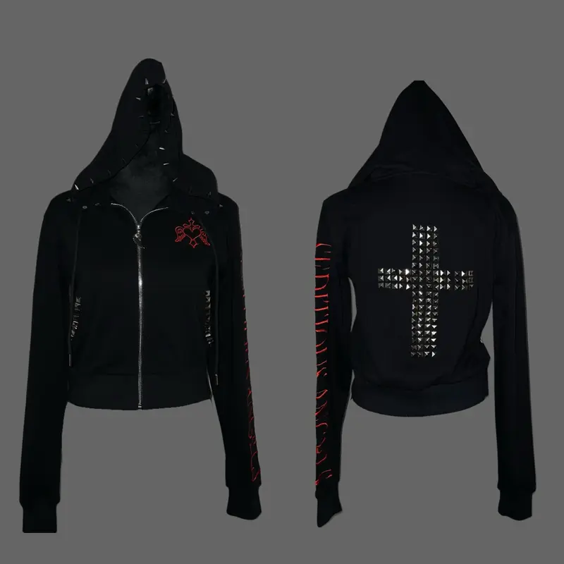 Seditious Angels Studded Cropped Zip Up Jacket - Black Casual Womenswear with Cross Design and Red Detailing