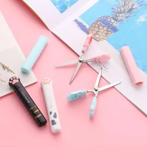 Cute Mini Cartoon Cat Paw Stainless Steel Craft Scissors: Foldable stationery scissors designed for children, featuring a safety cap for secure portability—ideal for cutting paper, crafting, office use, journaling, and DIY projects.