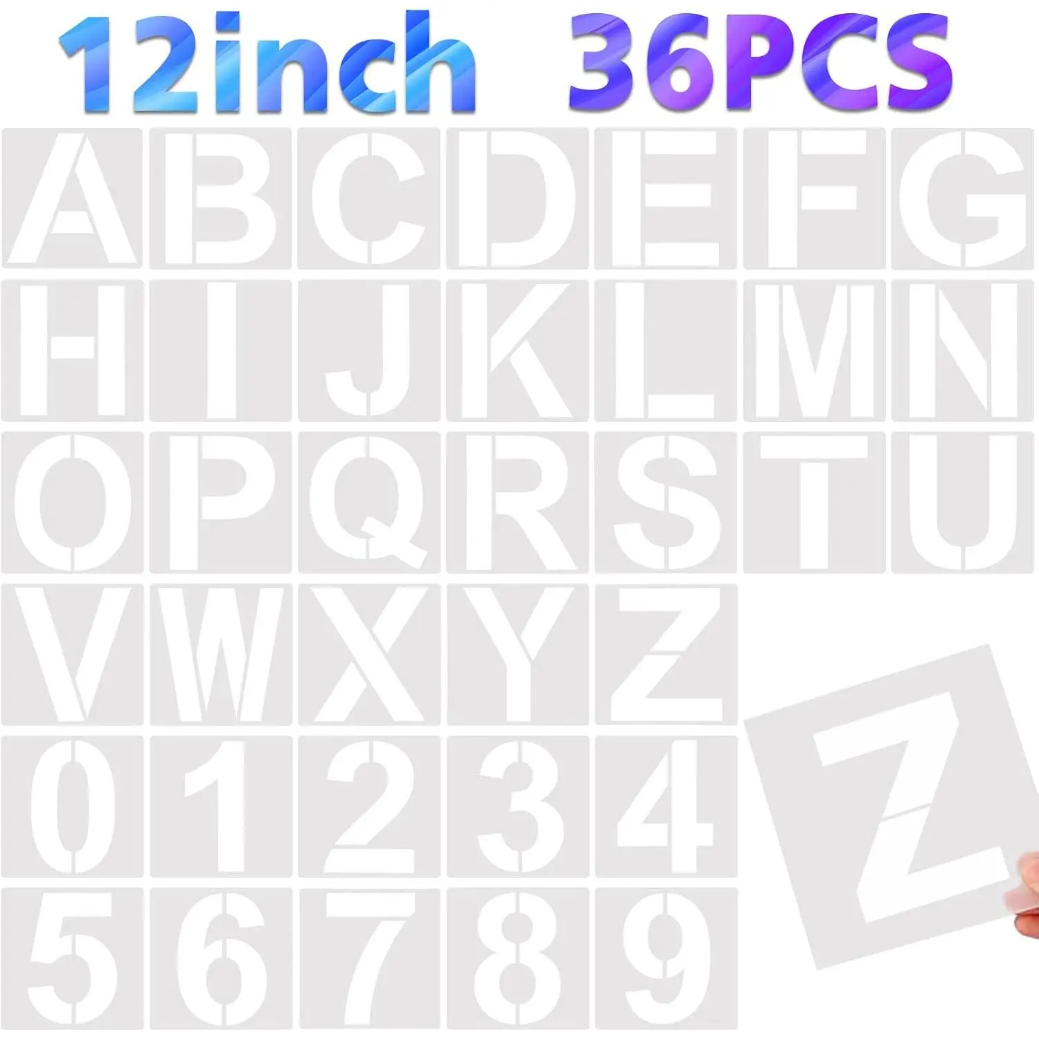 36 Pcs Reusable Letter & Number Stencils, for Painting on Wood, Wall, Fabric, Rock, Chalkboard, Glass (12 Inches)