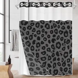 1pc hookless shower curtain with buckle lining, black and gray leopard print patchwork design, 2D flat printing, fabric waterproof lining, see-through double-layer shower curtain, 71 x 74 inches, Bathroom Curtain, Bathroom Decor