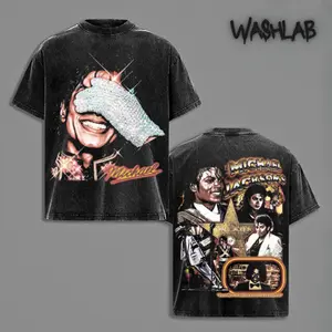 Retro Michael Jackson - King Of Pop V2 Graphic Tee Washed – Double Sided Print Oversized Acid-Washed Heavyweight Cotton T-Shirt – Unisex 90S Music Tee, Perfect Gift for Music Fans and Lovers Menswear Tops