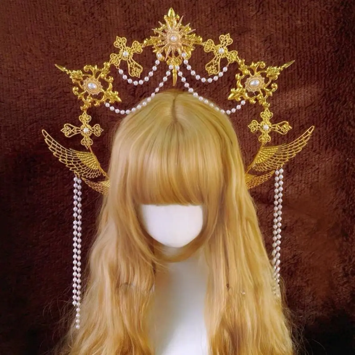 Baroque Gold Goddess Halo Headband, 1g Female Tiara with Winged Pearl Tassels for Bridal & Halloween Costumes