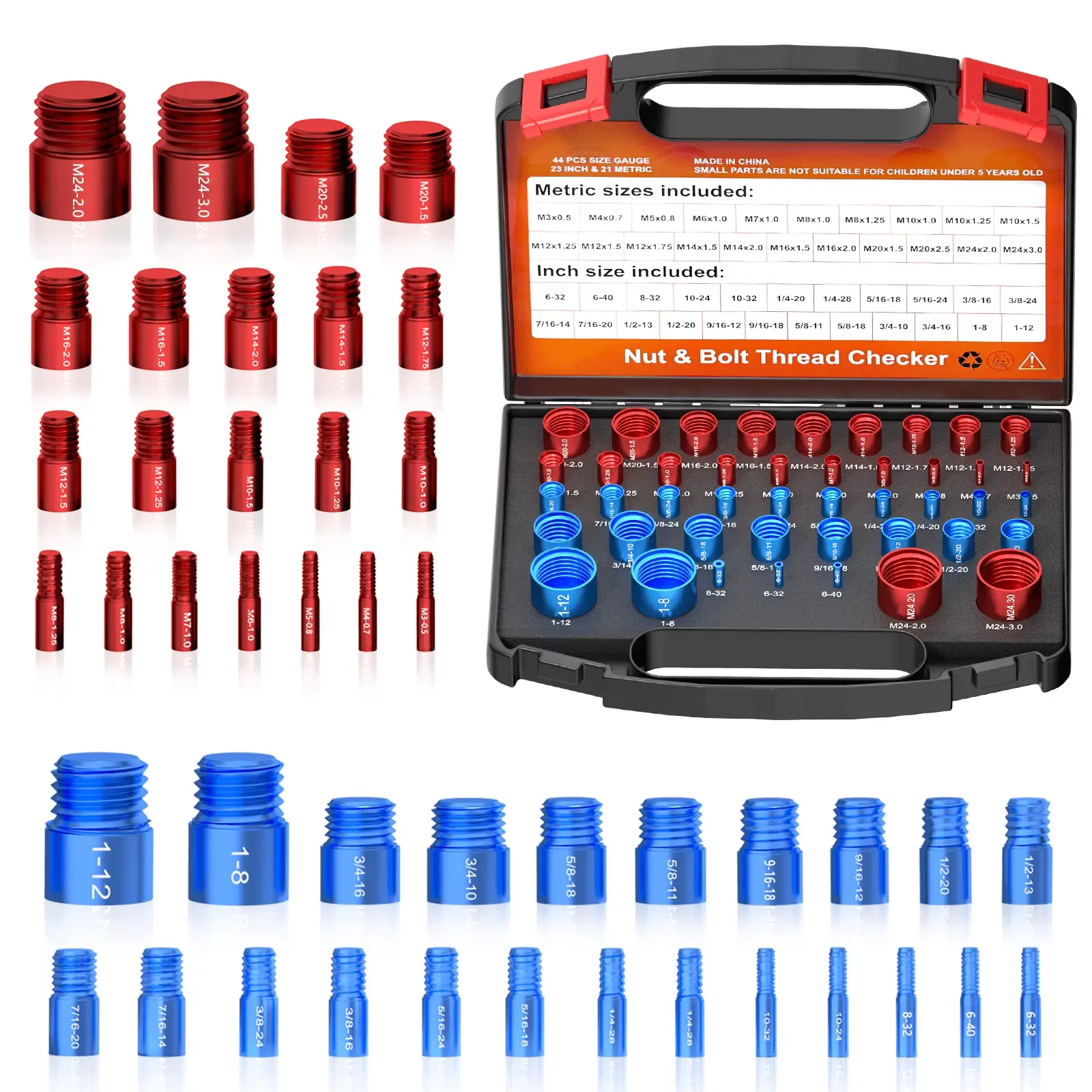 BURMONG 44PCS/52PCS Metric Standard Thread Checker Kit - Bolts, Screws Size Finder Gauge for Quick Thread Identification, Compatible with Threading Machines, Digital Electronic Torque Wrenches, Large-Capacity Universal Bolt & Nut Extractor Set