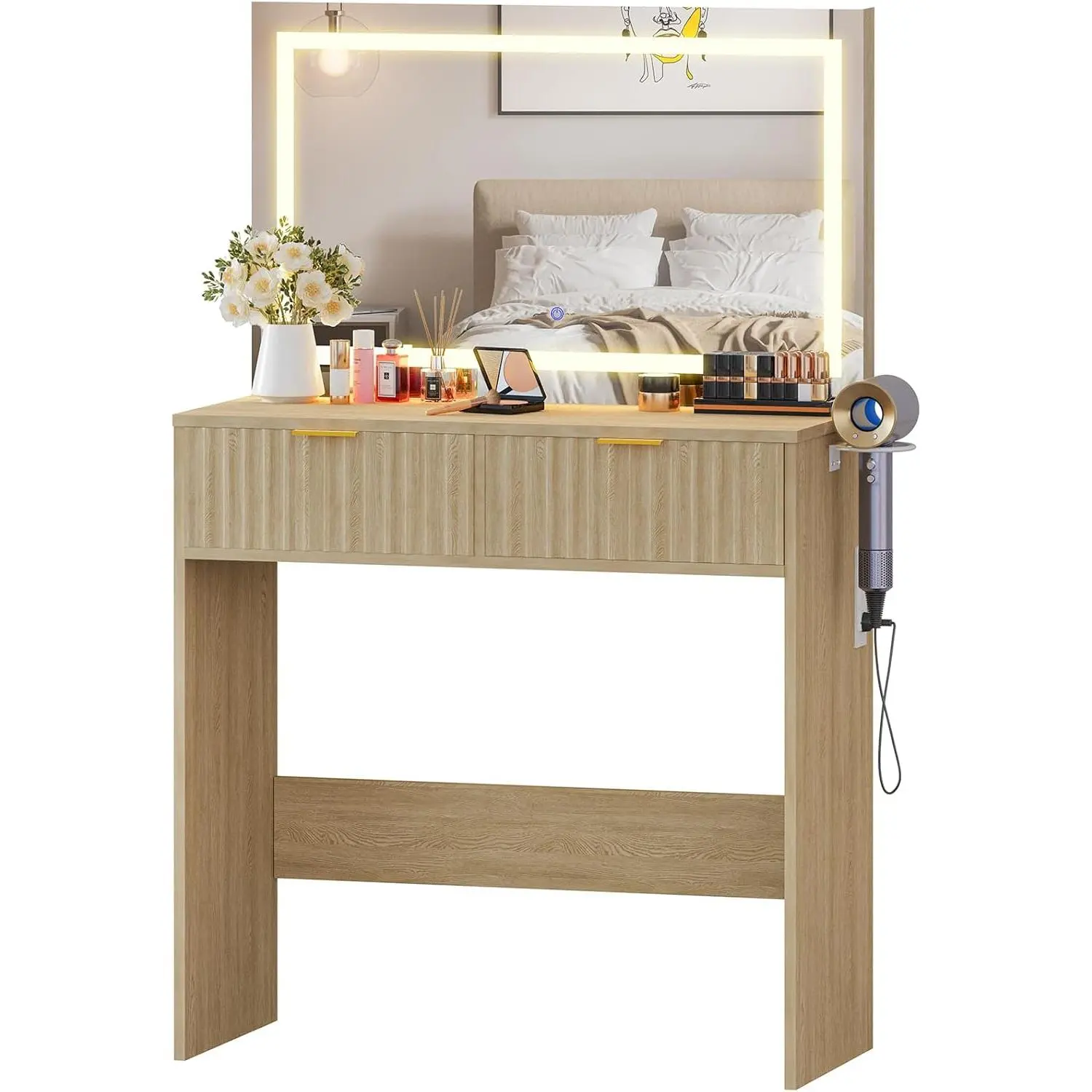 White Lighted Vanity Makeup Vanity Desk (31.5in D x 13.78in W x 51.8in H) - 31'' Large Indoor Furniture, Adjustable Lights, 2 Storage Drawers, Space-Saving Design, Ideal for Women's Bedrooms