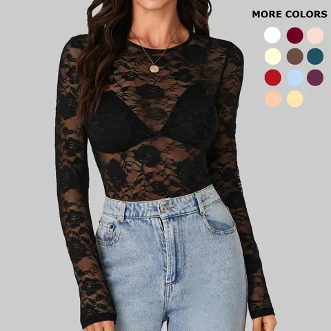LYANERS Women's Bohemian Inspired Long-Sleeve Fashion Fitted Blouse - Crewneck, Sexy Hollow-Out Floral Mesh See-Through, Skinny Shirts for Women, Festival Wear