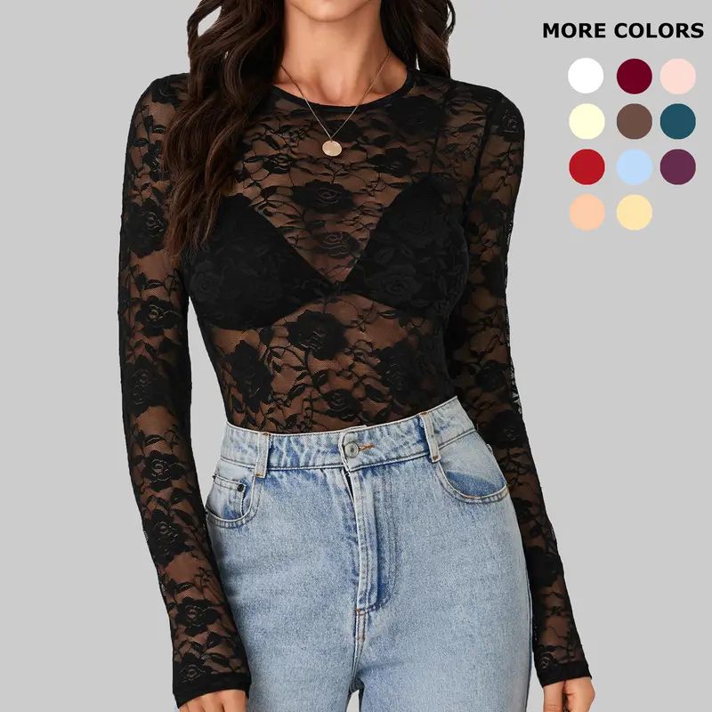 LYANERS Women's Bohemian Inspired Long-Sleeve Fashion Fitted Blouse - Crewneck, Sexy Hollow-Out Floral Mesh See-Through, Skinny Shirts for Women, Festival Wear