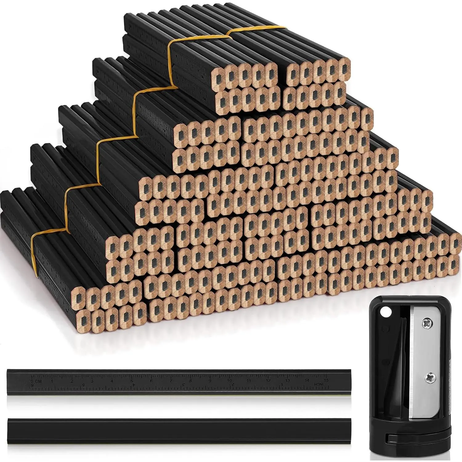 200-Count Flat Construction Graphite Pencils with Printed Ruler, 2-Count Carpenter Pencil Sharpener – Stationery Office Supplies for Woodworking Marking (Black)