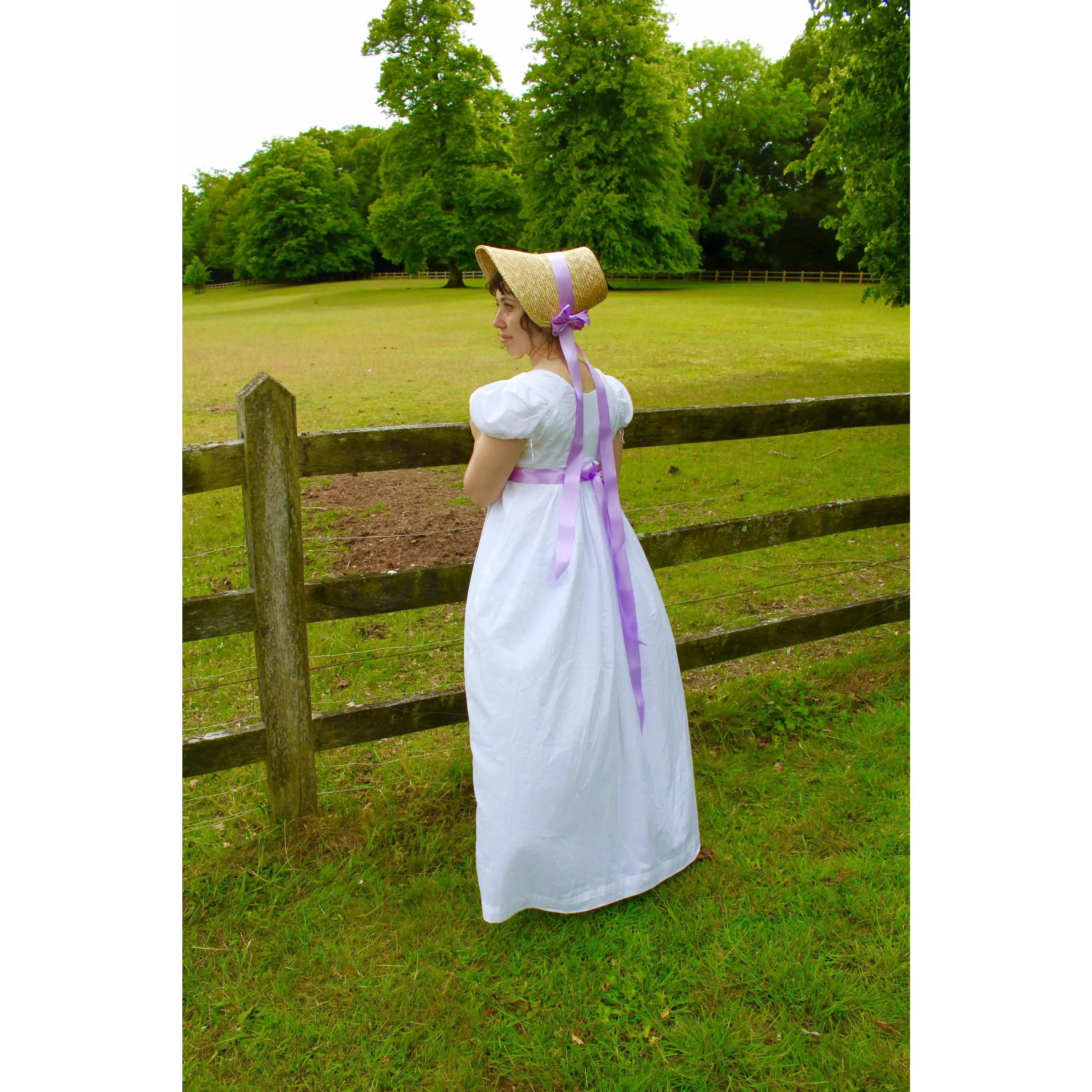 Regency Gown in White Cotton, Adjustable Fit Dress for a Lady with Drawstring Empire Waist, Formal or Casual, Women, Elegant, Evening, Basic, Simple, Ribbon, Thin, Sleeves