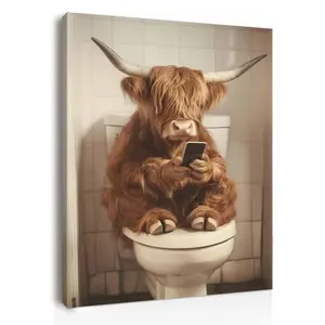 Funny Bathroom Wall Art Highland Cow with Phone Framed Canvas for Farmhouse Rustic Decor Includes Hooks and Nails Easy Install